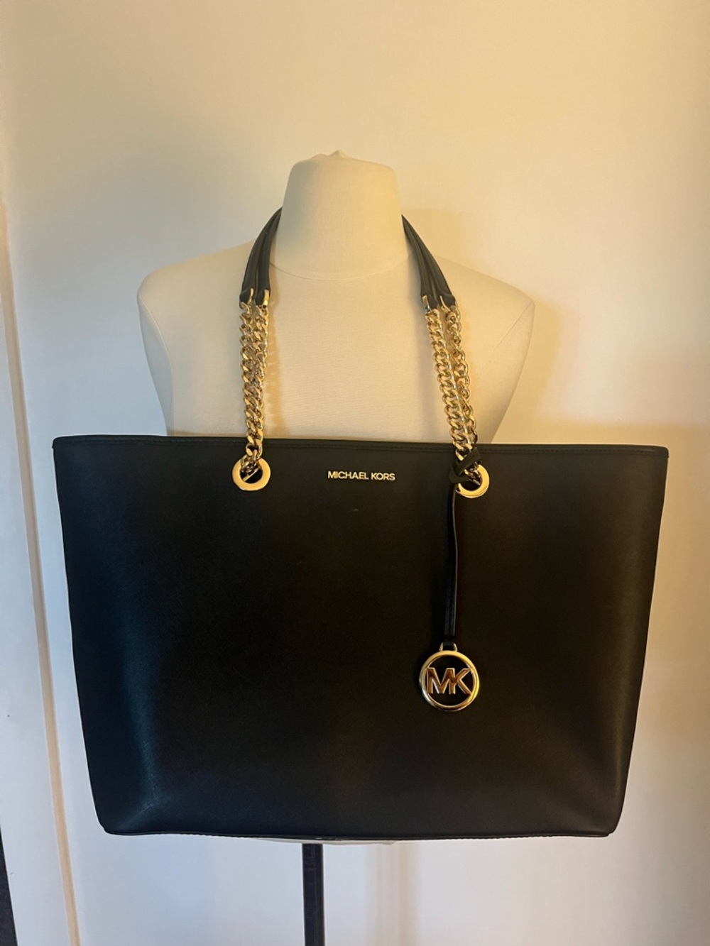 Michael Kors Black Leather Chain-Handle Tote with Gold Hardware